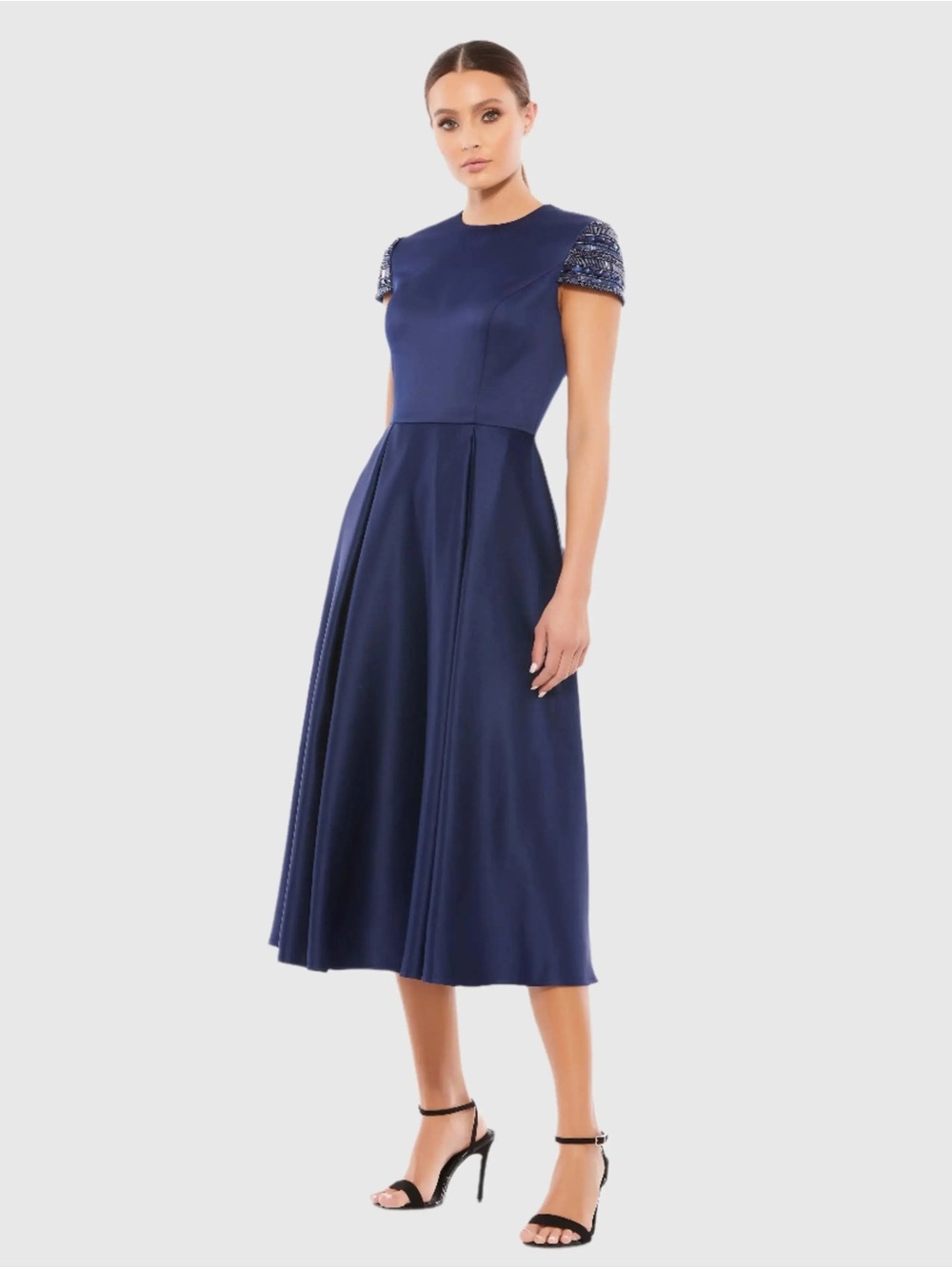 NWT Mac Duggal 55699 Navy High Neck Cap Sleeve Tea Length Dress Size 4